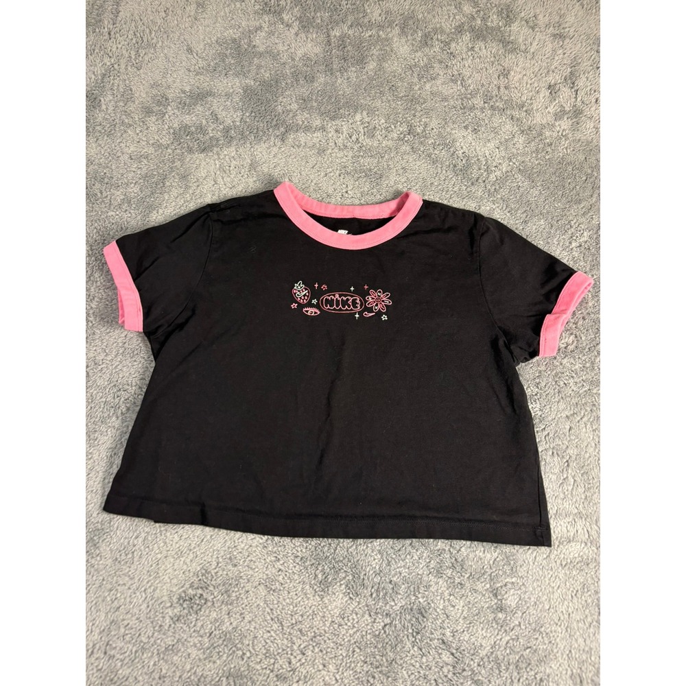 Nike Ringer Tee Black Pink Graphic Strawberry Flower Cropped Shirt XL